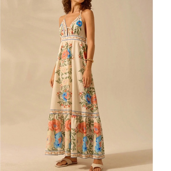 Boho Floral Print Halter Neck Ruffle Hem Maxi Dress - Picture 6 of 6